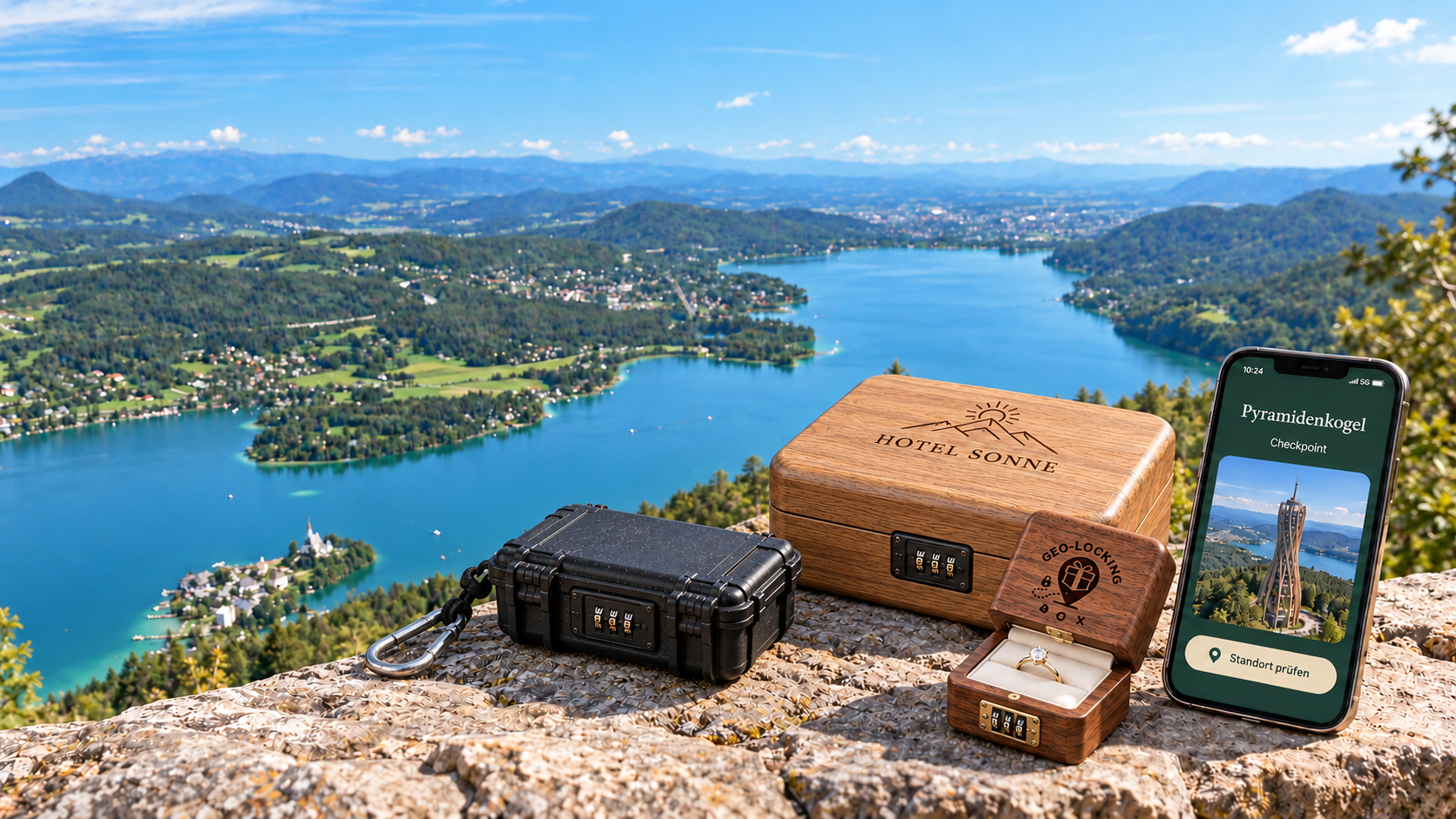 Geo-Locking Boxen und Smartphone vor dem Wörthersee
